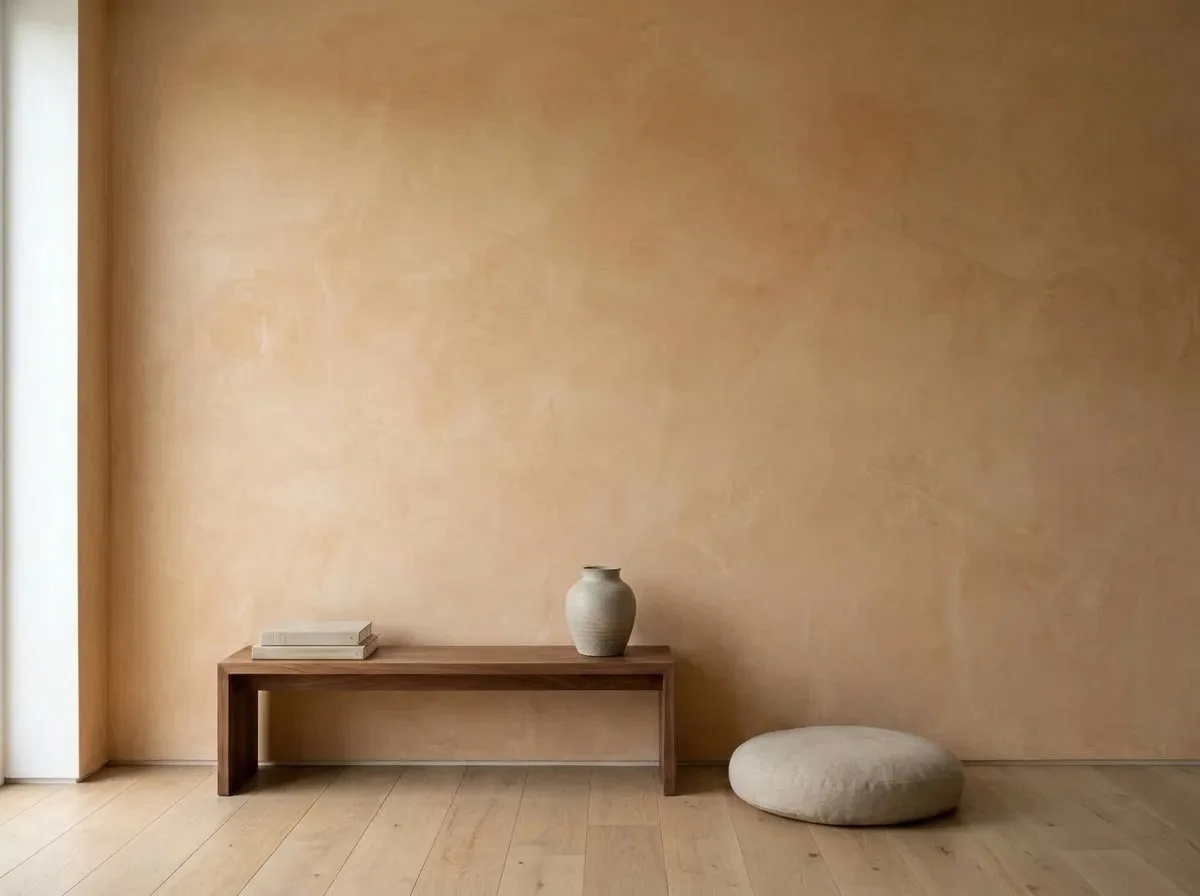 The same room with the wall finished in Roman clay plaster, showing soft troweled tonal movement in warm earth tones with a flat matte surface