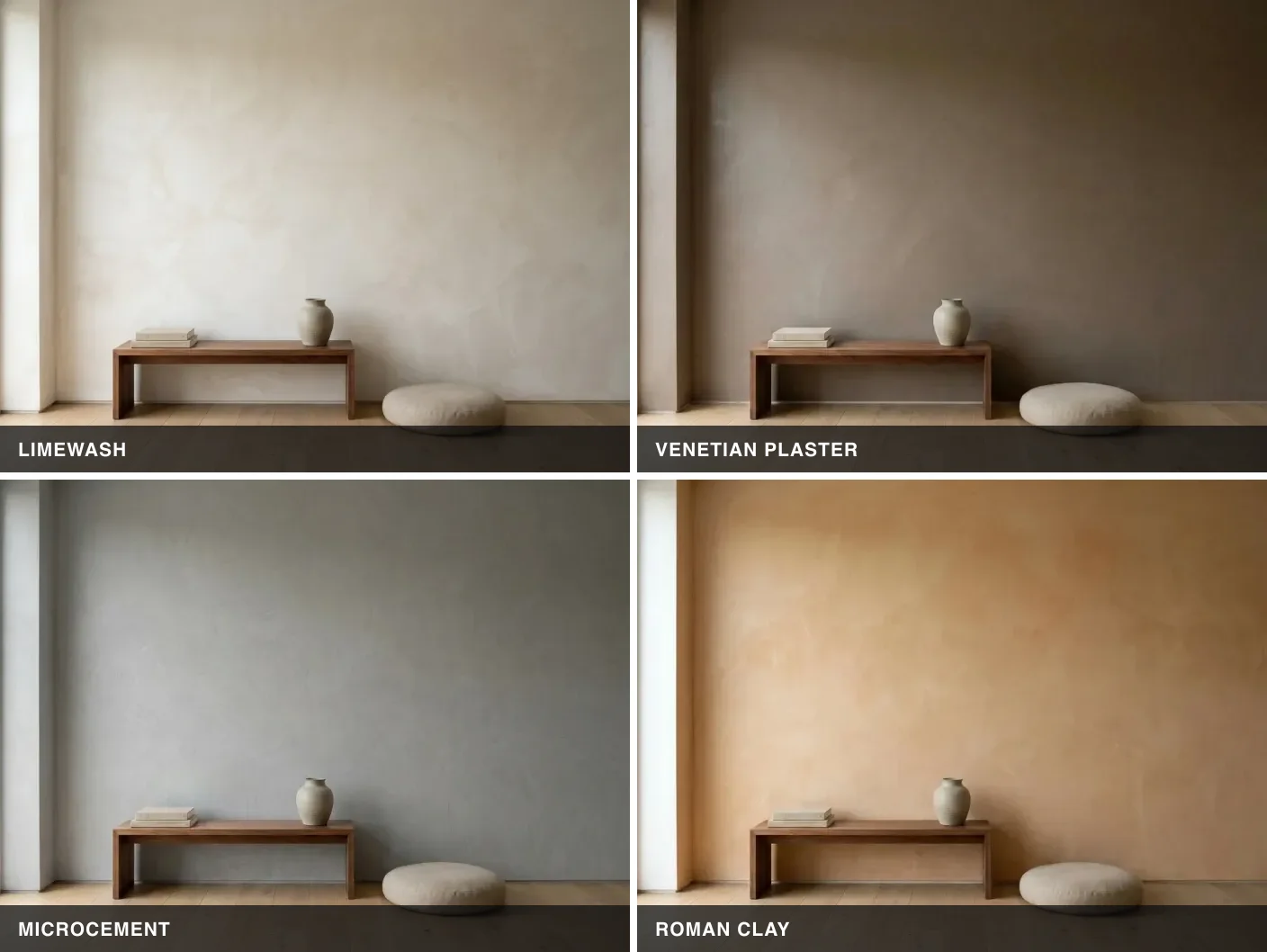 One identical room shown four times with the same bench, vase and floor, the wall finished in limewash, polished Venetian plaster, seamless microcement and Roman clay