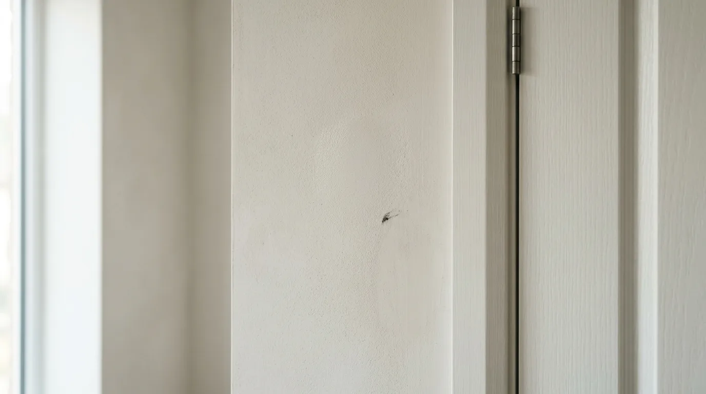 Detail of a limewash wall in a modern home beside a plain door frame showing light everyday wear, a small scuff and a faint paler patch where it was wiped