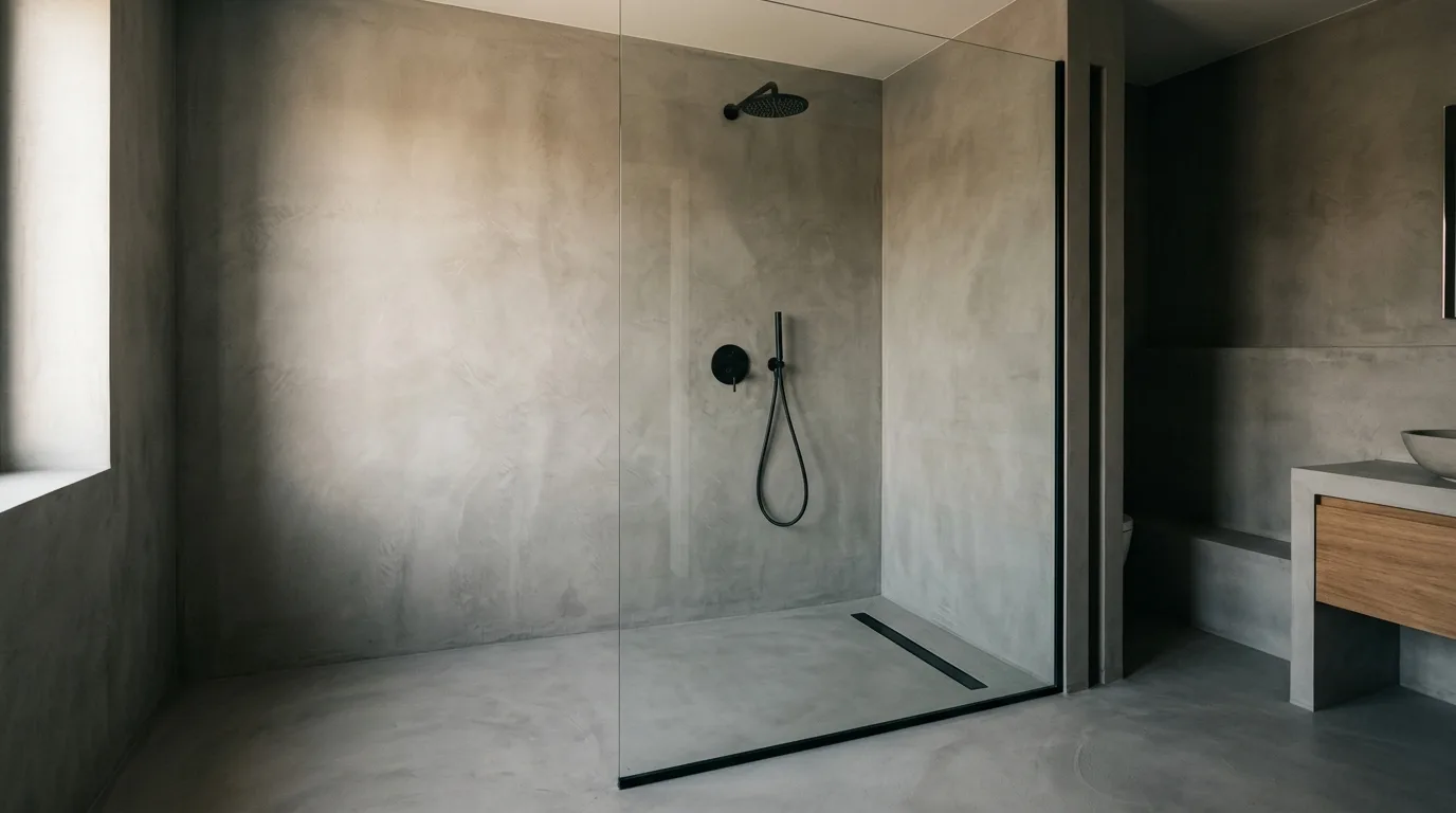 A walk-in shower finished entirely in seamless mid-grey microcement with continuous walls and floor, no tiles or grout lines, a linear drain and a matte black rain head