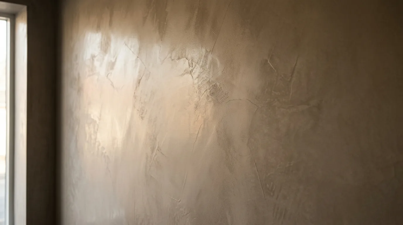 Close raking light detail of a polished Venetian plaster wall in warm taupe showing burnished lustre and the faint overlapping edges of each trowel pass