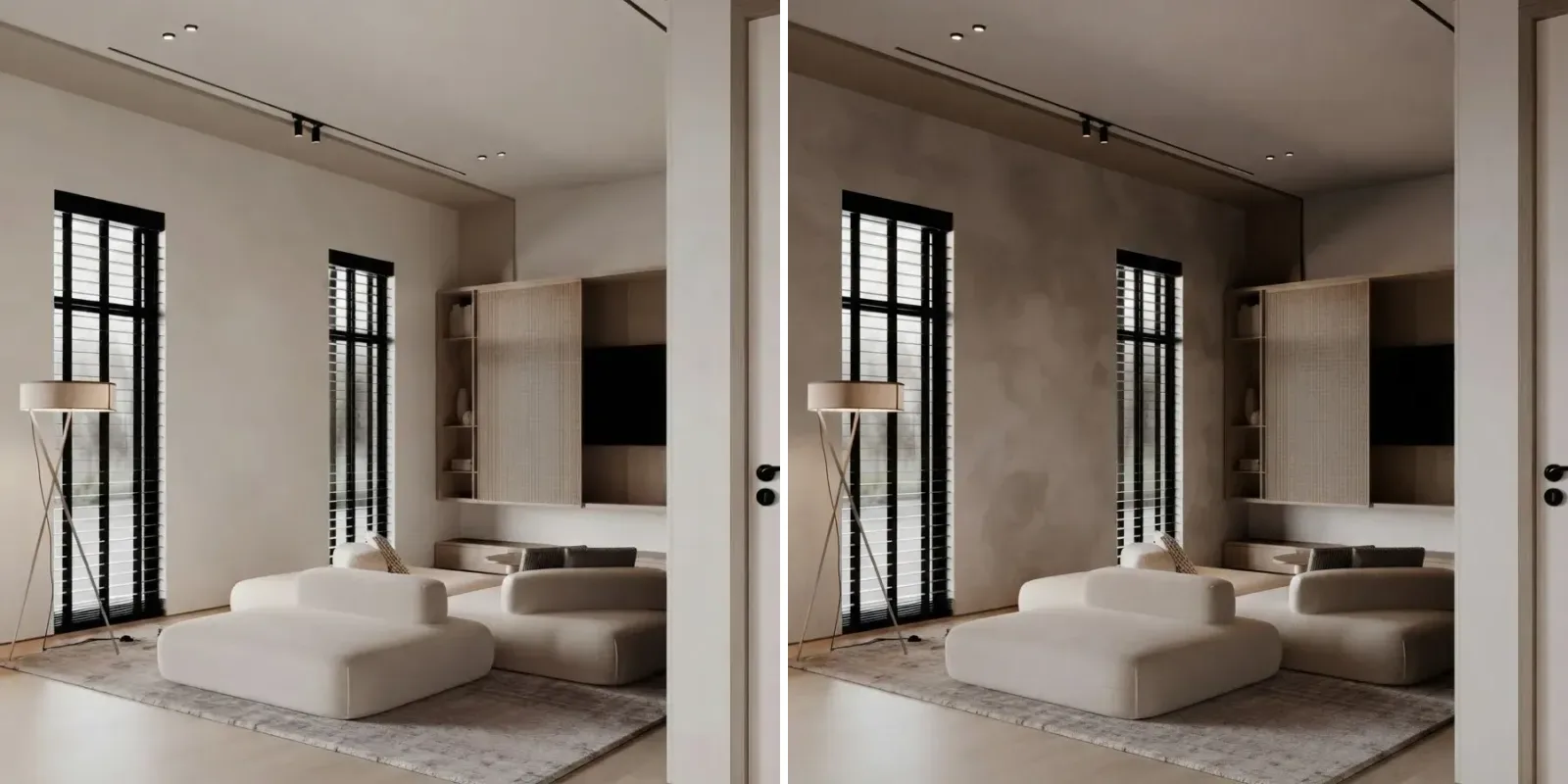 Warm minimalist living room with black framed windows and a boucle sofa, walls in flat off white on the left and cloudy warm greige limewash on the right