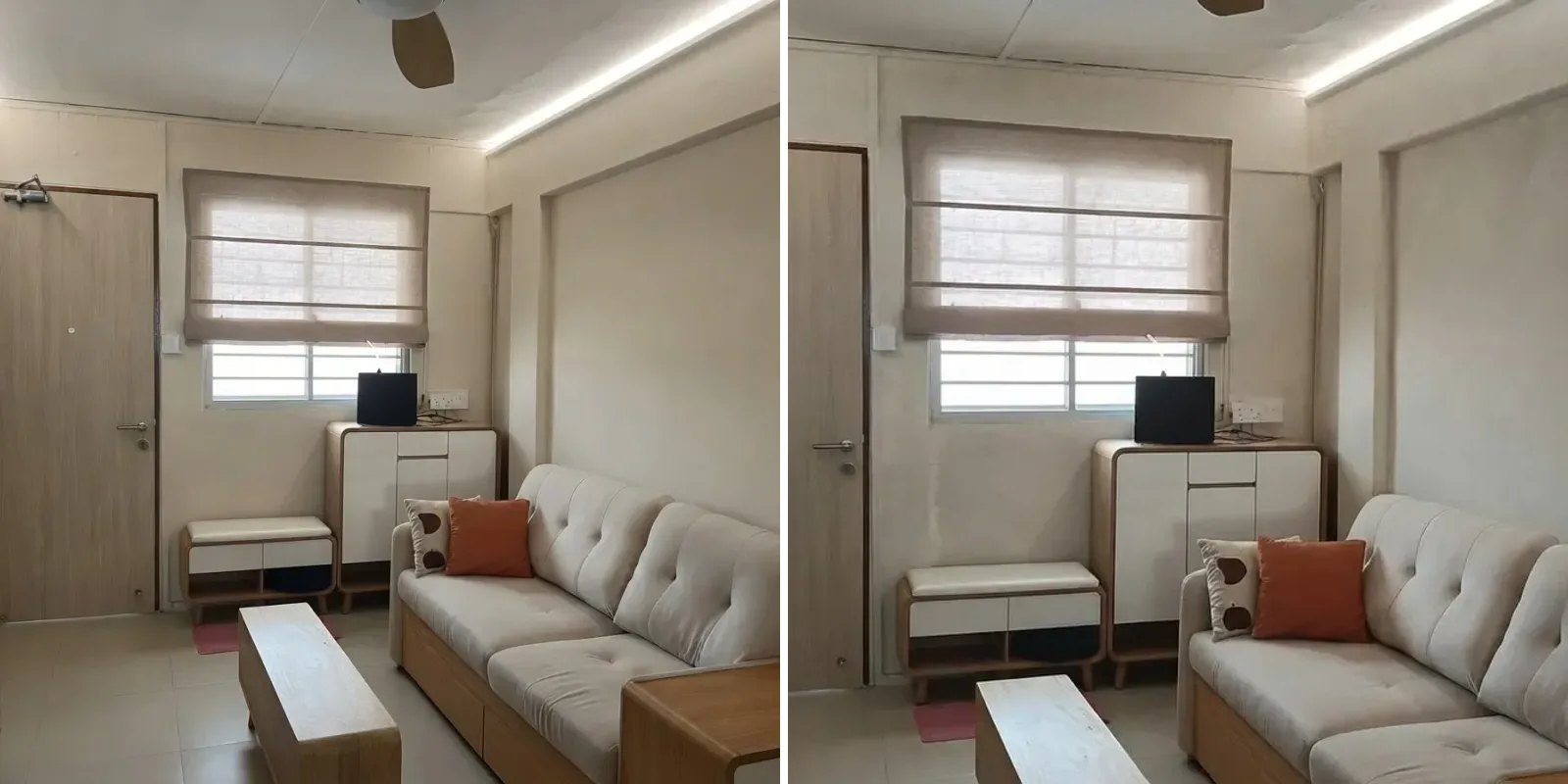 Compact living room shown twice side by side, left with flat beige builder paint and right with the same walls in cloudy grey limewash, same sofa, sideboard and window blind in both