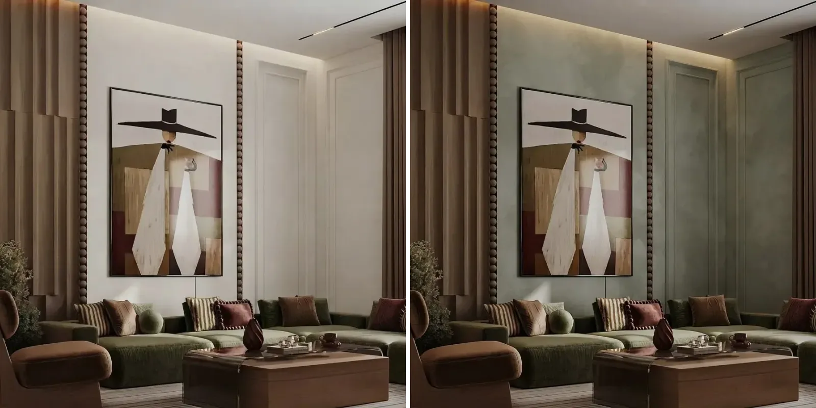 Living room with an olive green sectional, fluted timber panels and a large framed artwork, walls in flat cream on the left and muted sage green limewash on the right
