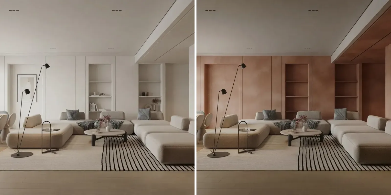 Minimal living room with a long cream sectional and built in shelving niches, shown with plain white walls on the left and soft clay terracotta limewash on the right