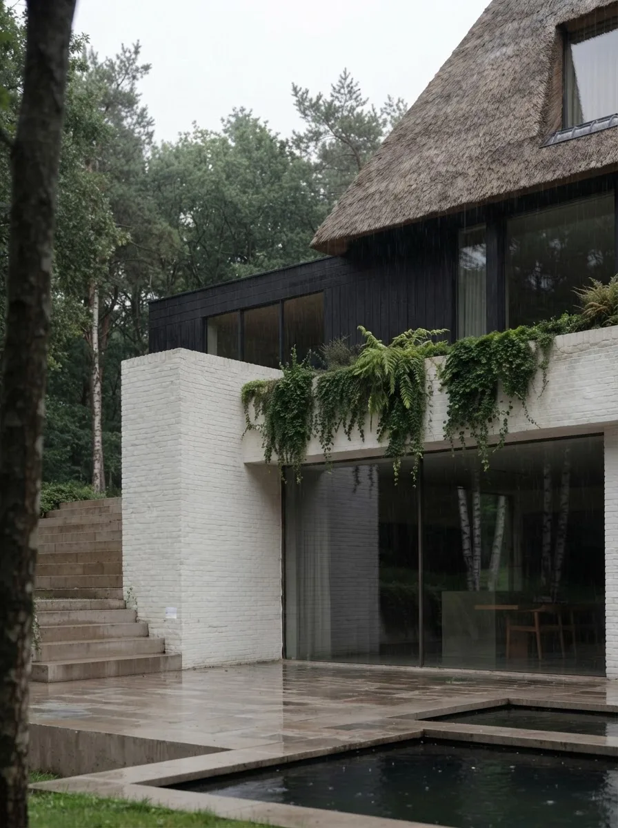 House exterior with limewashed white brick walls, dark timber cladding, a thatched roof and a reflecting pool