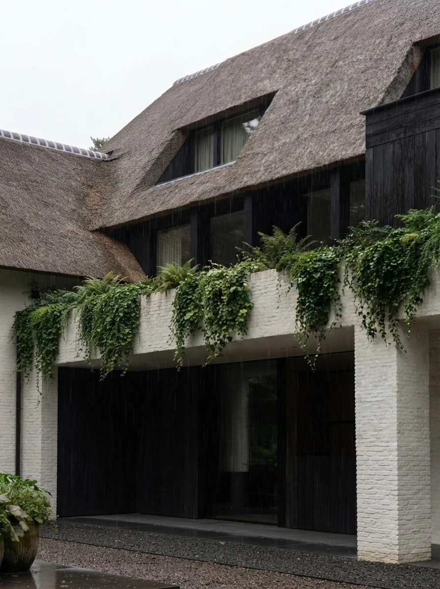 Detail of a limewashed white brick facade against black timber and a thatched dormer roof