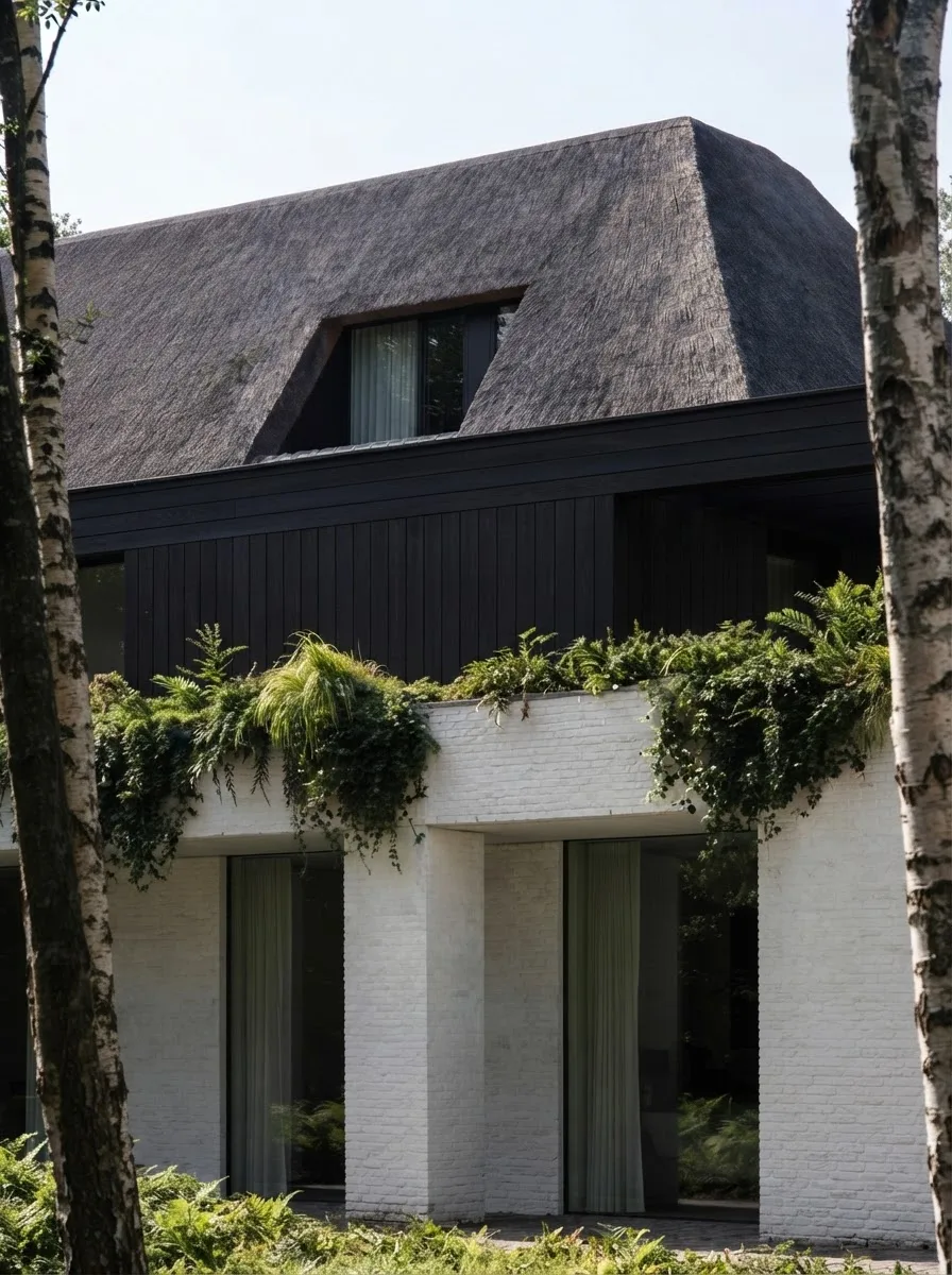 Limewashed white brick house facade seen through birch trees, with a thatched roof and dark window frames