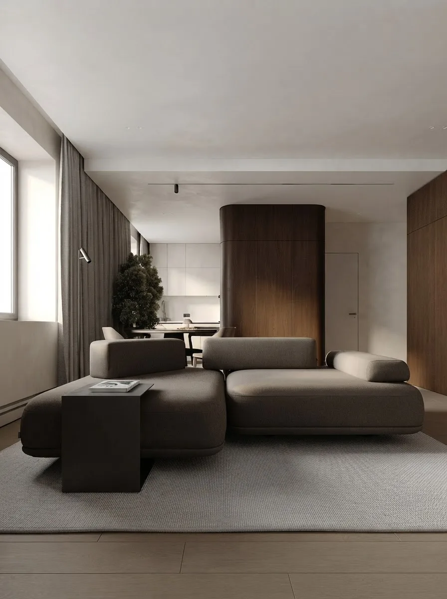 Living room with chalky off white limewashed walls, sheer curtains and a low white sofa