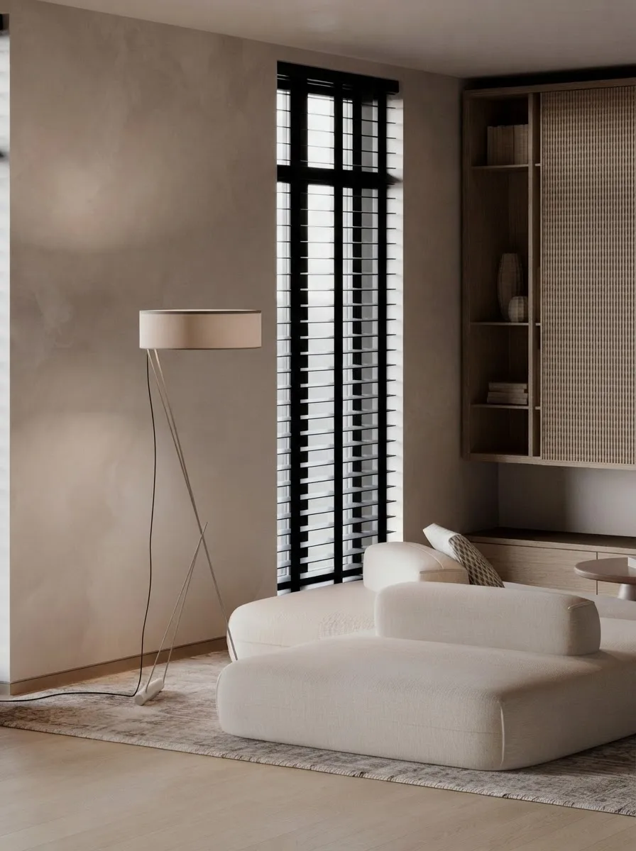 Living room corner in warm greige limewash with a black floor lamp and black framed windows