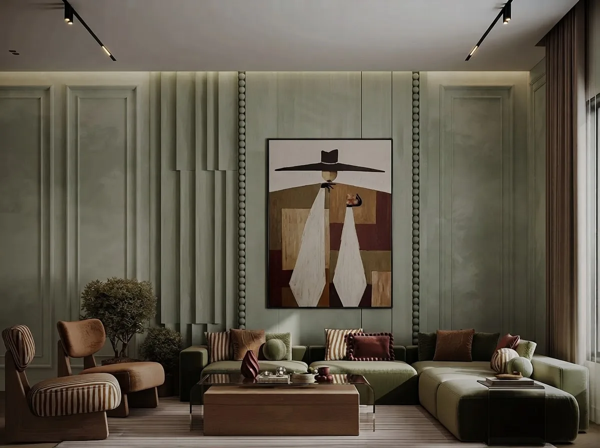 Living room with muted sage green limewashed walls, olive sectional and large figurative artwork