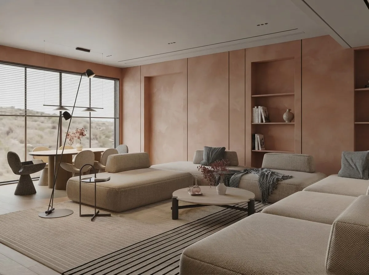 Living room with soft clay terracotta limewashed walls, built in niches and a pale sectional sofa