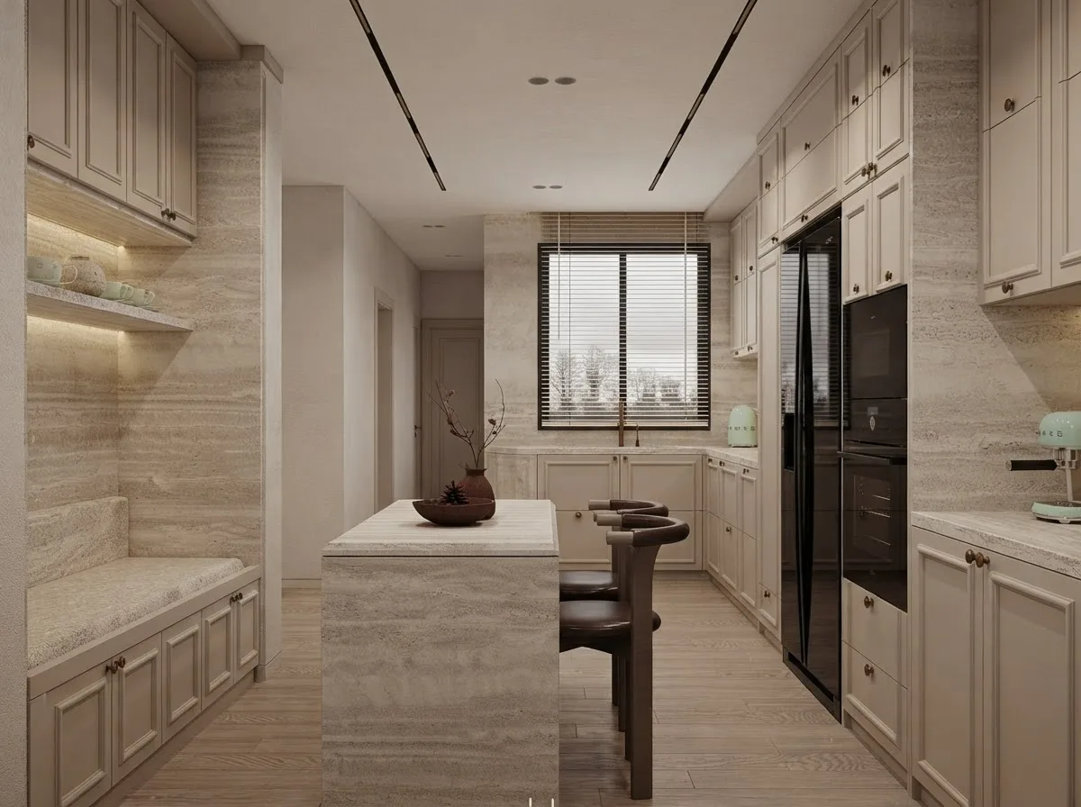 Cream kitchen with limewashed walls in a warm travertine tone and classic panel cabinetry