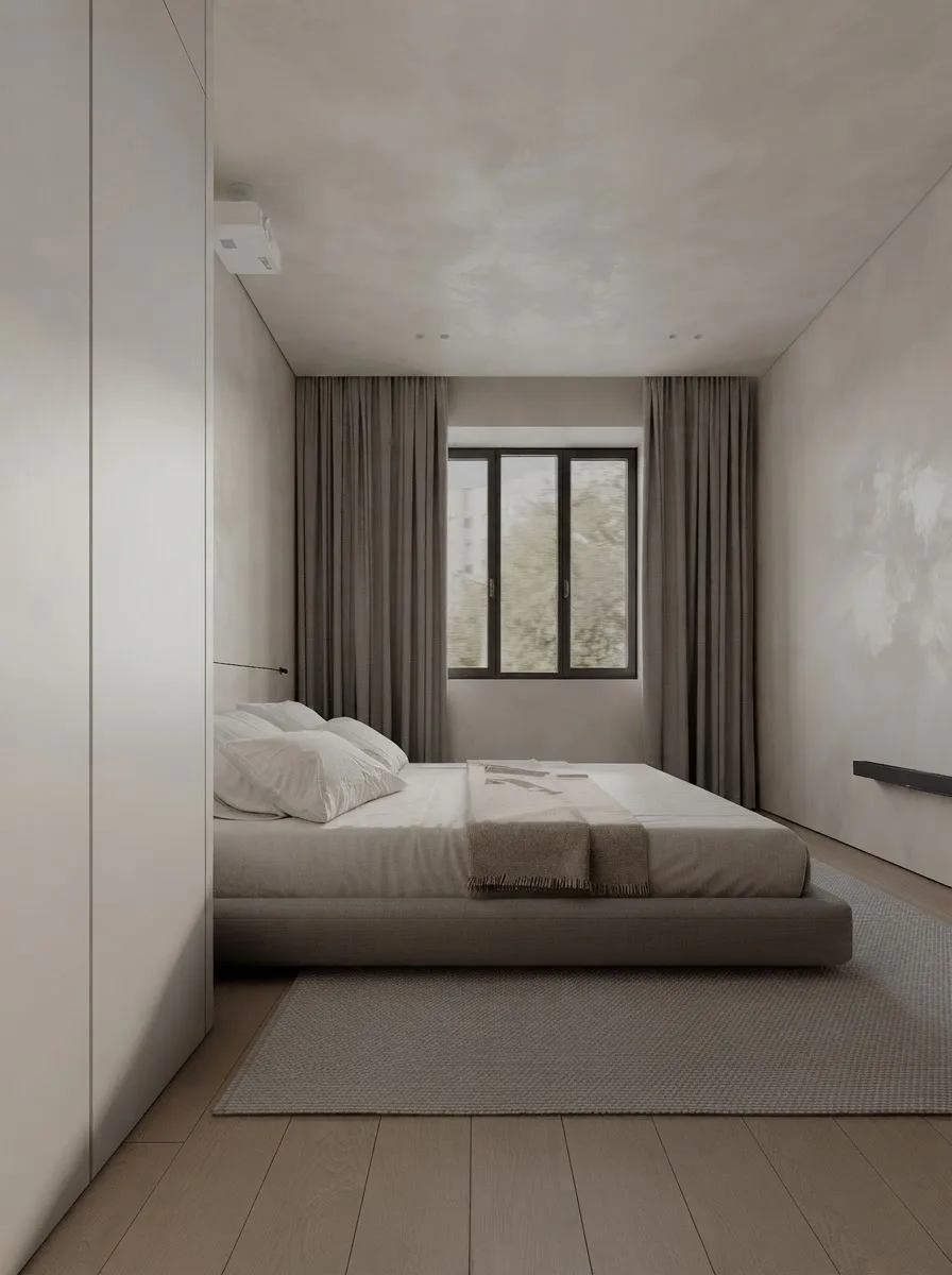 Bedroom corner with chalky limewashed walls, a bed tucked behind a wardrobe and a curtained window
