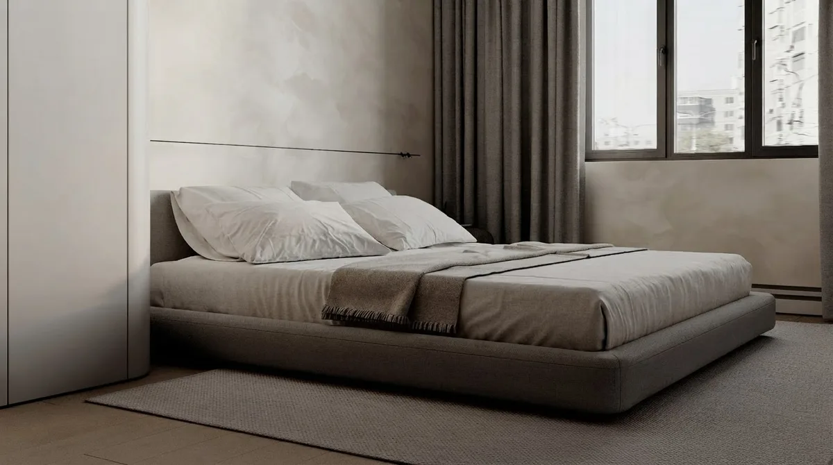 Bedroom with pale limewashed walls, a low upholstered bed and grey curtains in soft daylight