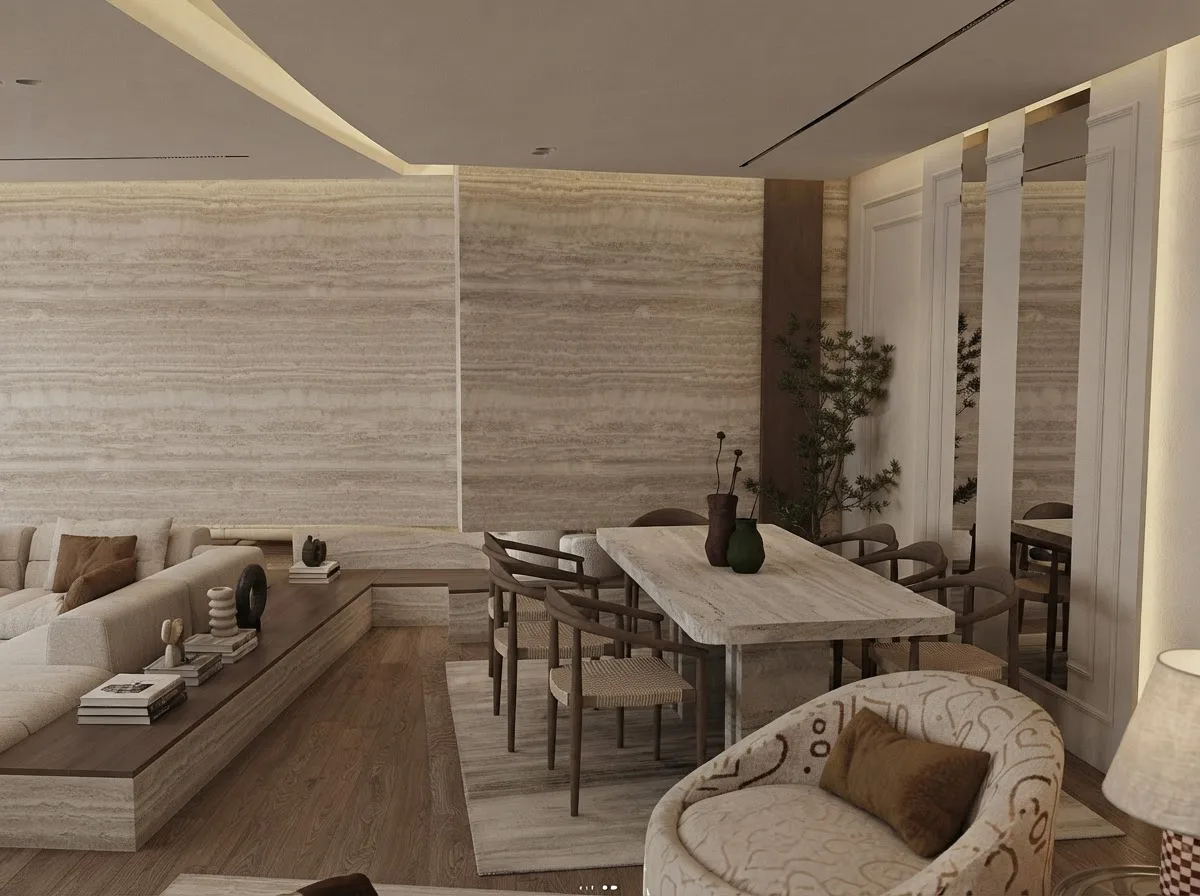 Open lounge and dining room with travertine textures and warm limewashed walls throughout