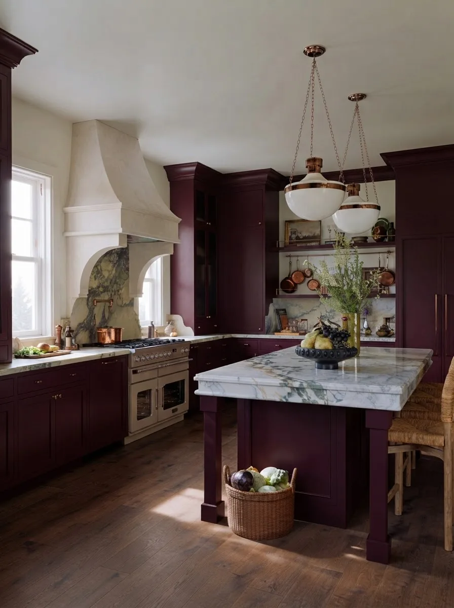Kitchen with deep burgundy cabinetry and marble island against cream limewashed walls with a plaster range hood