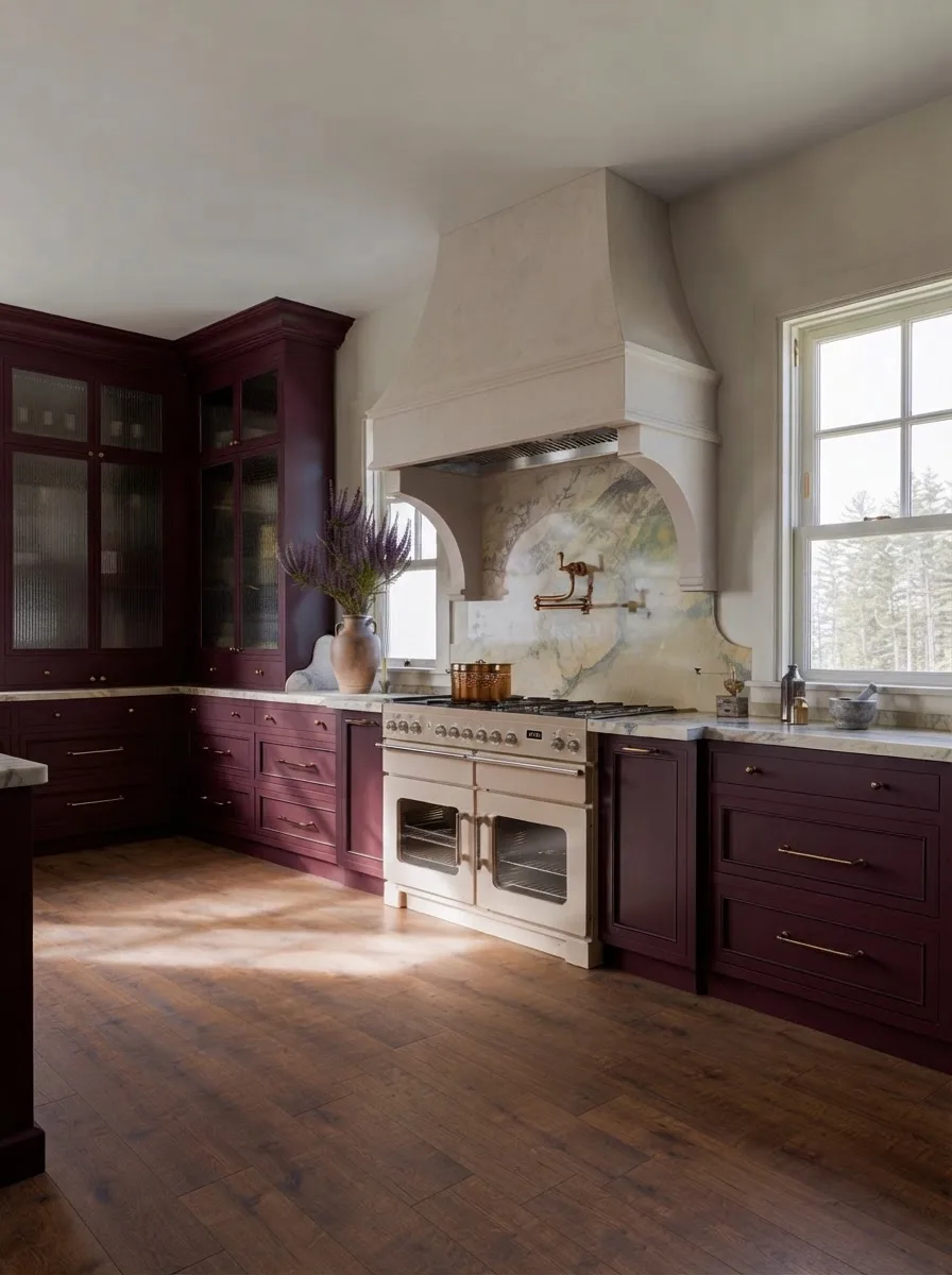Kitchen range wall with a sculpted plaster hood, marble backsplash and burgundy cabinets under cream limewash walls