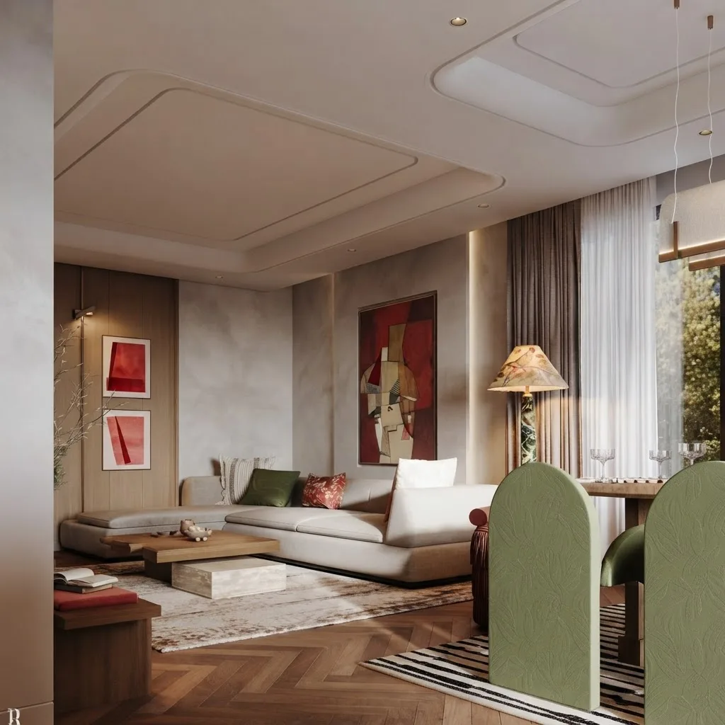 Living and dining space with plaster textured walls, green upholstered dining chairs and a red abstract artwork
