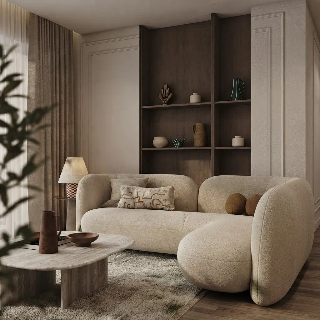 Living room reading corner with a boucle sofa, open shelving and warm cream limewashed walls