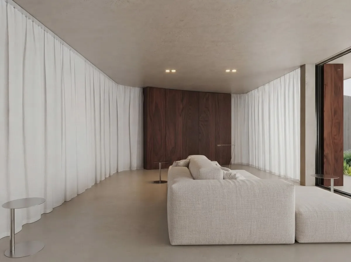 Living room with white limewashed walls, floor to ceiling sheer curtains, a dark timber feature wall and a low white sofa