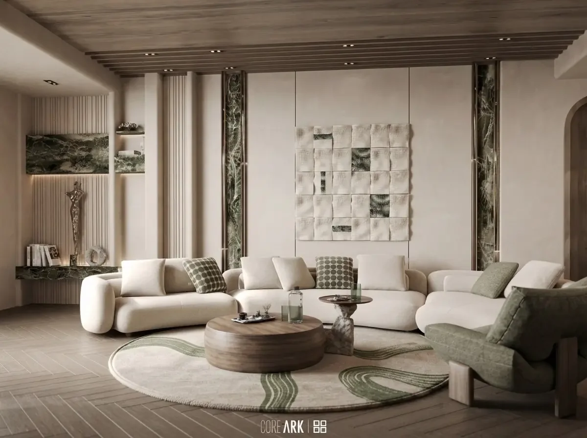 Soft minimalist living room render with a curved white boucle sofa and armchairs pulled in around a round wooden coffee table, walls left for storage and lamps