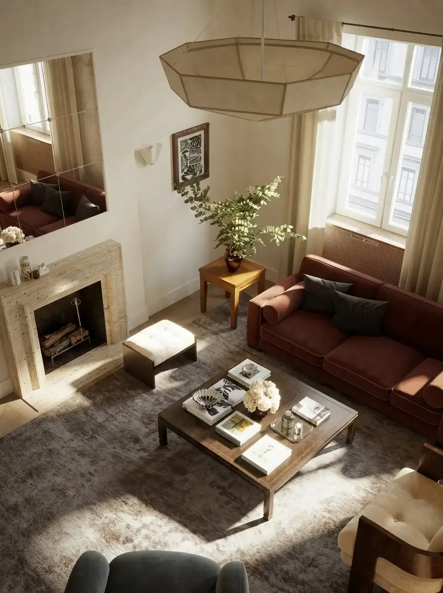 Warm classic living room render with two rust sofas facing each other in front of a stone fireplace, a low coffee table between them and warm lamp light