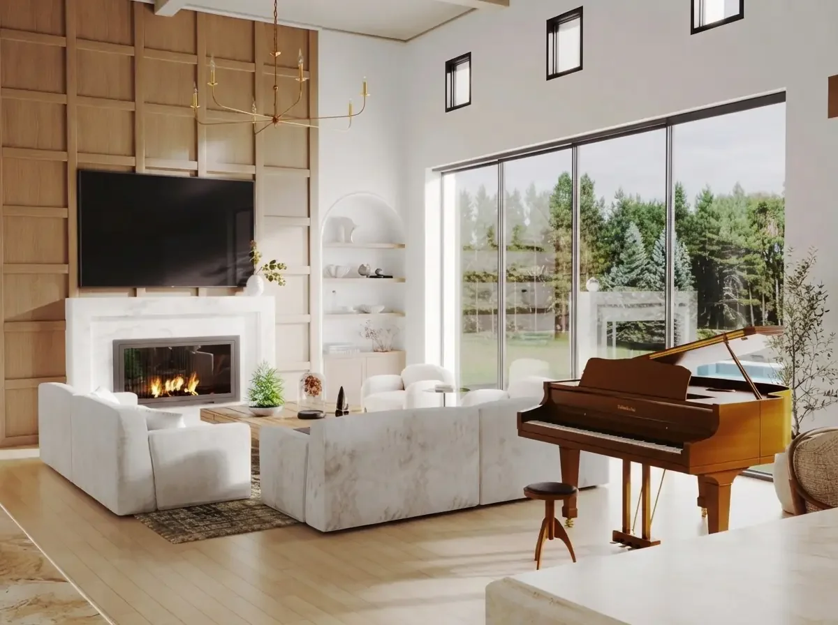 Bright living room render with white sofas around a fireplace that has a TV mounted above it, a grand piano by the window and a garden view