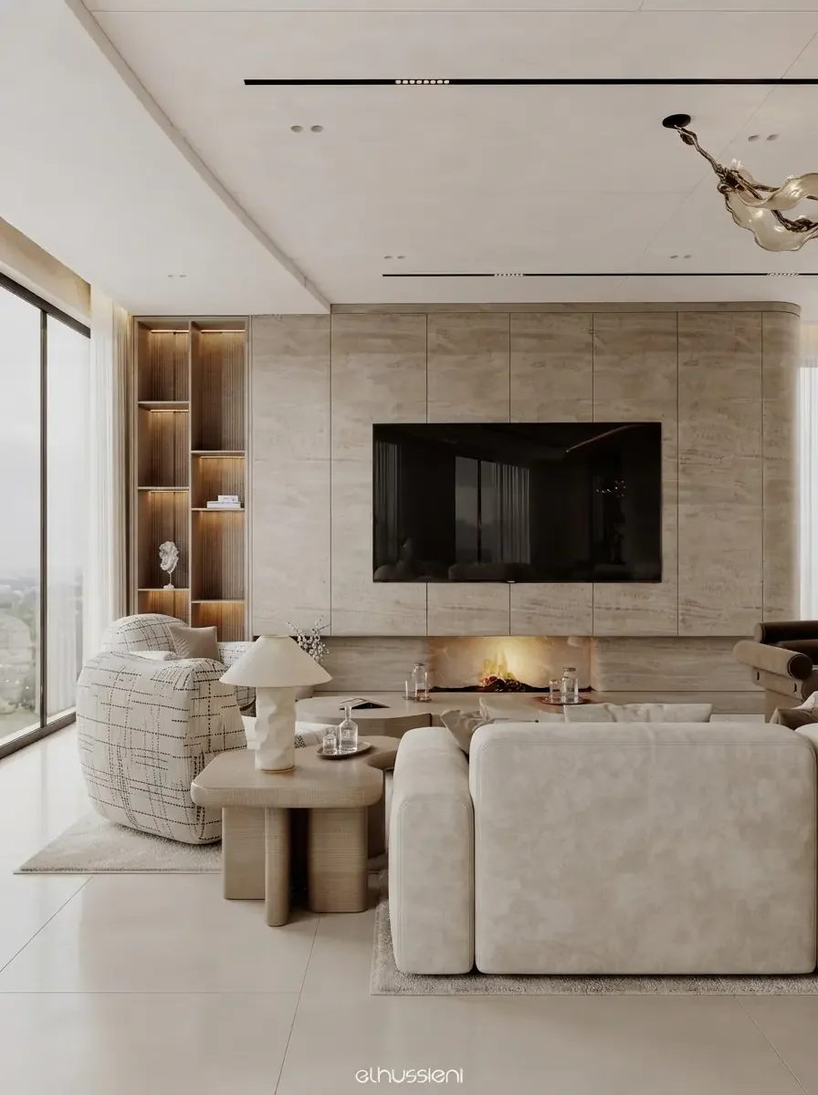 Warm luxury living room render with a wide boucle sofa facing a fireplace wall with the TV mounted above the fire between built-in shelves