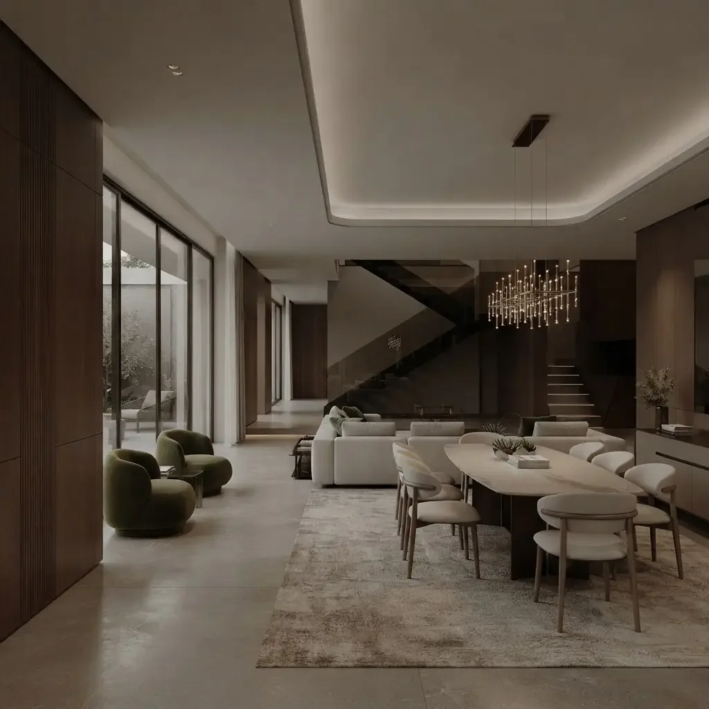 Open plan living and dining render with the dining table placed under a staircase, warm neutral seating beyond and a clear walkway between them