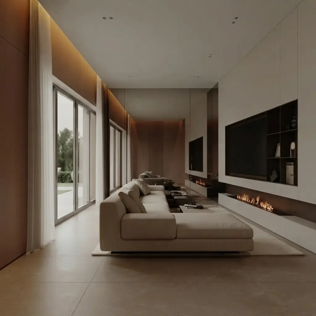 Open plan living room render with a wide cream sofa facing a wall that holds both a linear fireplace and the TV at eye height, glass doors to the side