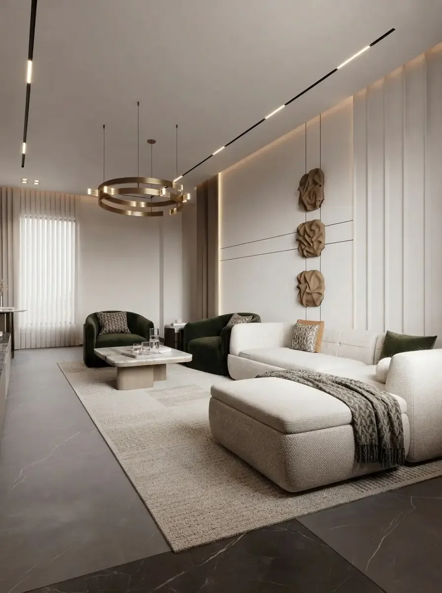 Bright minimalist living room render with a low cream sectional along one wall, one green accent chair and a small round table