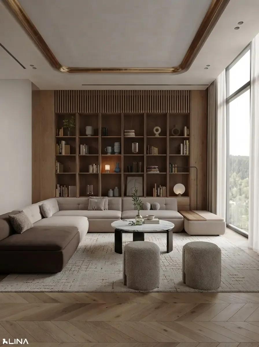 Warm wood living room render with a low grey sectional facing a marble fireplace wall, built-in bookshelves beside it and a round black coffee table