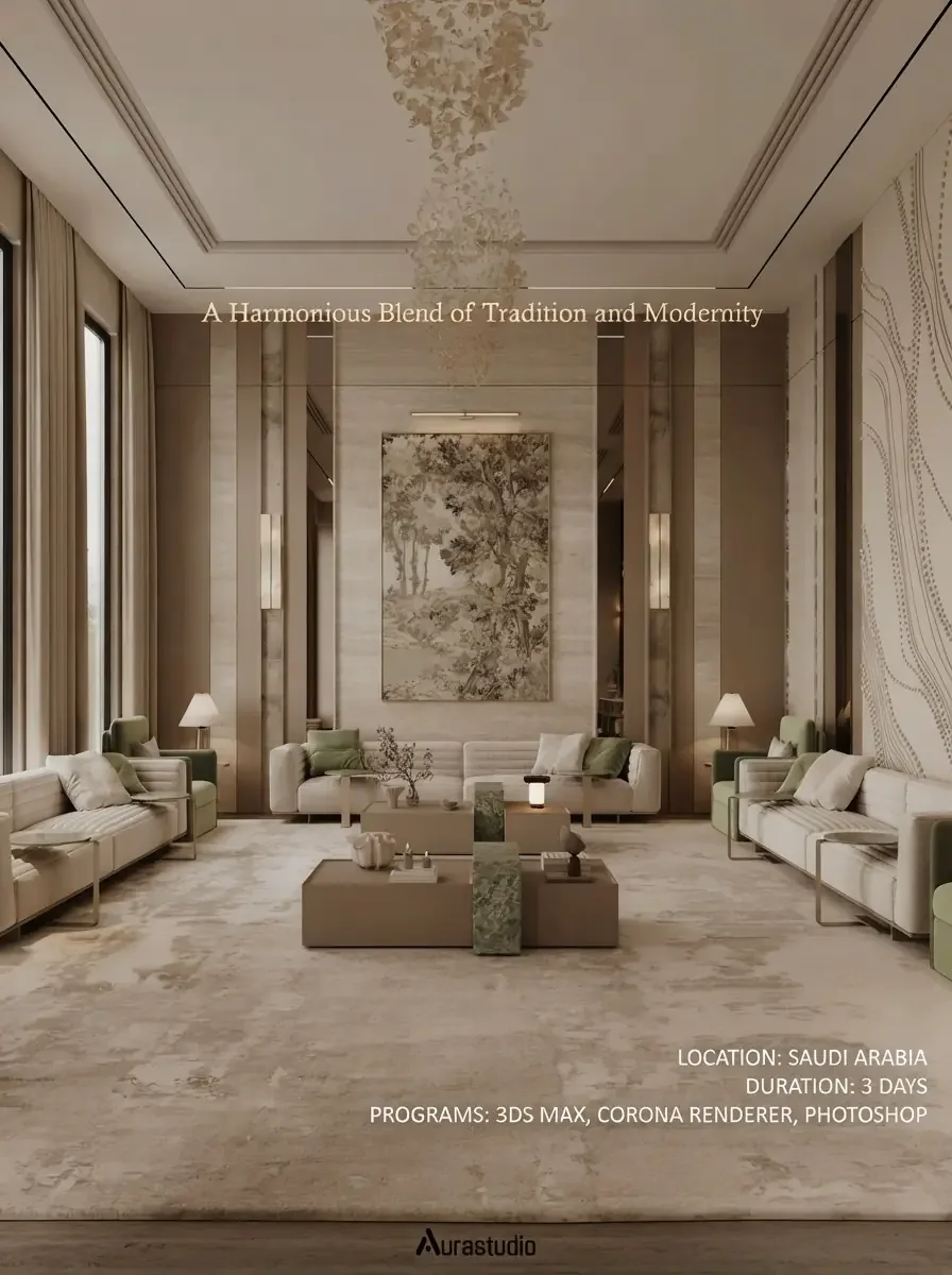 Living room render with two symmetrical cream sofas facing each other across a low table in front of a panelled wall, built for conversation