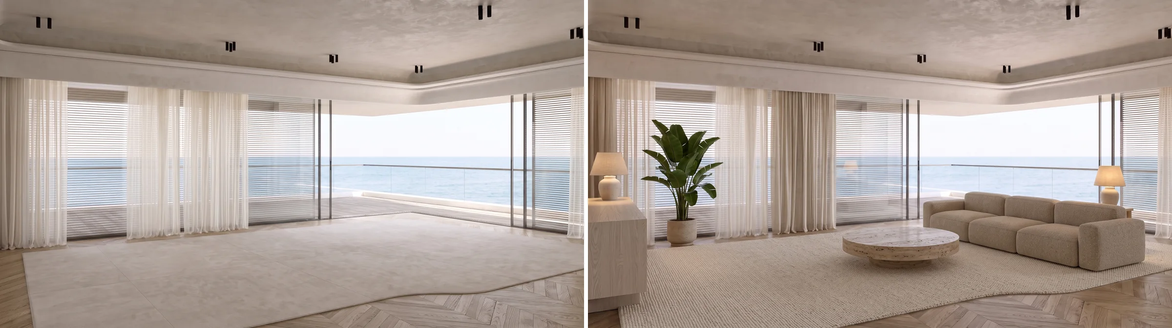 The same seafront living room twice, vacant on the left with bare floor and empty walls, staged on the right with a boucle sofa, travertine table and a large plant, showing what changes before you animate a listing clip