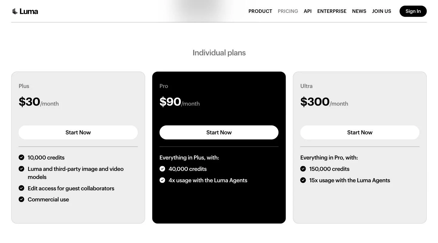 The Luma pricing page in September 2026 showing the Plus plan at 30 dollars for 10,000 credits, Pro at 90 dollars for 40,000 credits and Ultra at 300 dollars for 150,000 credits