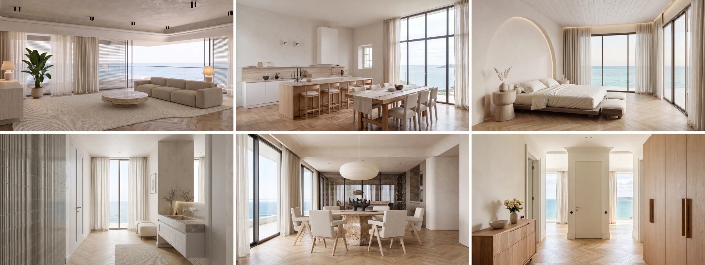 Six rooms of one seafront apartment rendered as listing photographs, living room, kitchen with an island, bedroom, bathroom, dining room and entrance hall, the six frames a listing video is built from