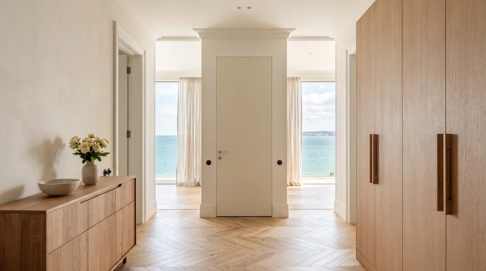 An entrance hall with a pale oak sideboard, a front door and a sea view beyond, the kind of frame a slow dolly forward opens a listing tour on
