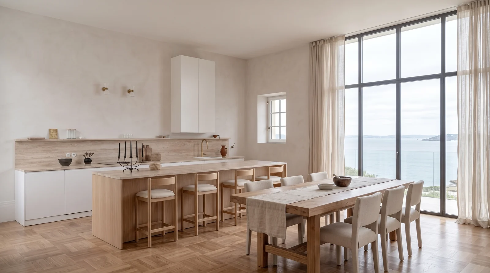 A bright kitchen with a pale oak island, bar stools and a dining table against floor to ceiling glazing with a sea view, framed for an orbit shot