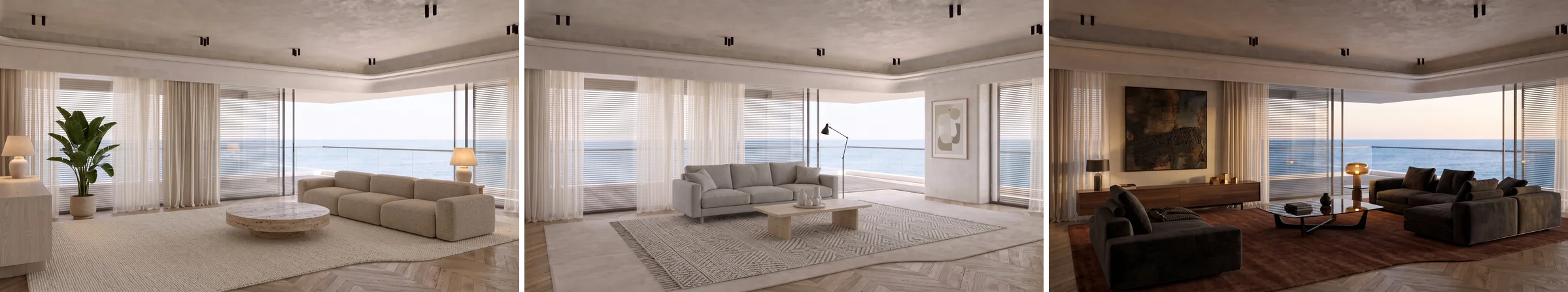 The same seafront living room staged three ways from one vacant photo, warm minimal with a boucle sofa, Scandinavian in pale grey and birch, and dark contemporary in charcoal velvet with evening lighting