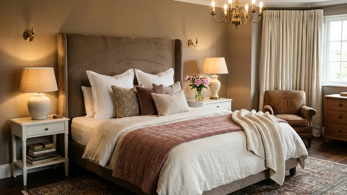 Cozy traditional master bedroom with tall velvet upholstered headboard in mushroom color, layered bedding with quilted coverlet and knit throw, brass chandelier, and warm evening lamp light