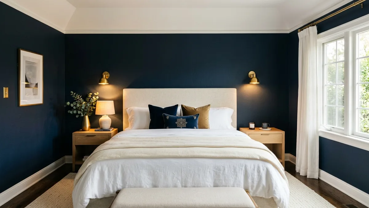 Master bedroom with deep navy blue walls and white ceiling creating a cocoon effect, cream linen headboard, white bedding with navy accent pillows, brass wall sconces casting warm light, and oak nightstands