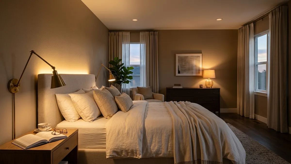 Master bedroom at evening showing three lighting layers: dimmed recessed ceiling lights for ambient glow, adjustable brass swing-arm wall sconce for bedside reading, and warm LED accent strip behind the headboard, with cream bedding and warm taupe walls