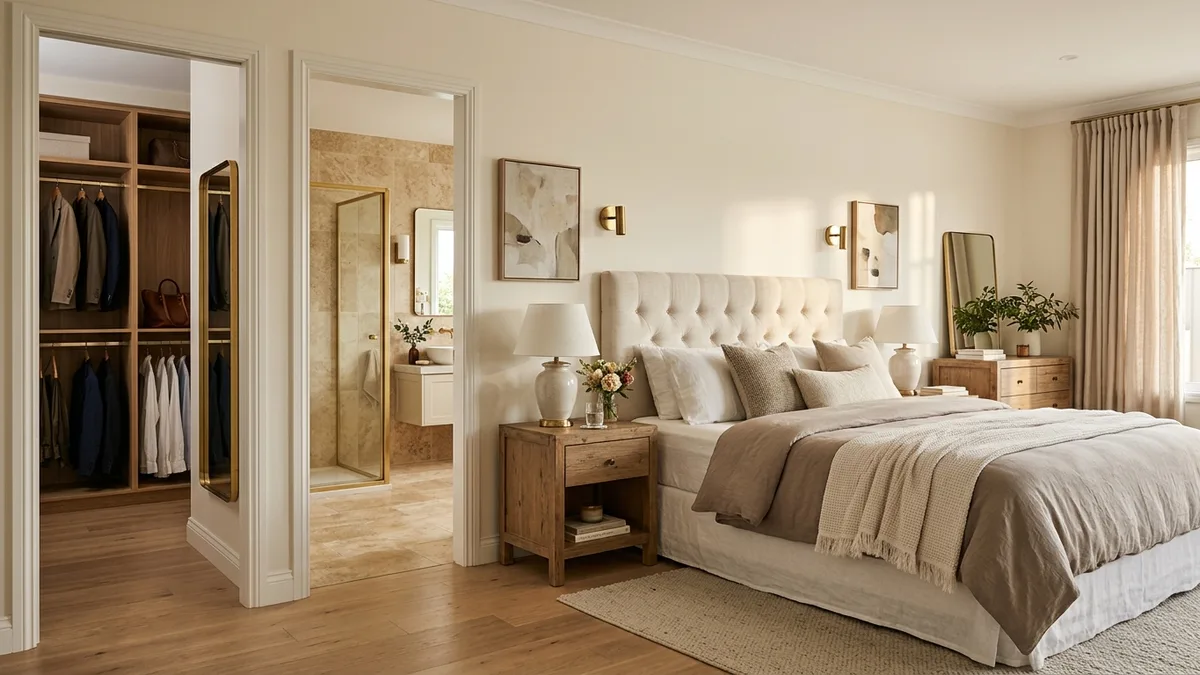 Master suite showing bedroom with king bed and tufted headboard flowing into an adjoining walk-in closet and en-suite bathroom with warm stone tiles, demonstrating the ideal bedroom-closet-bathroom traffic flow