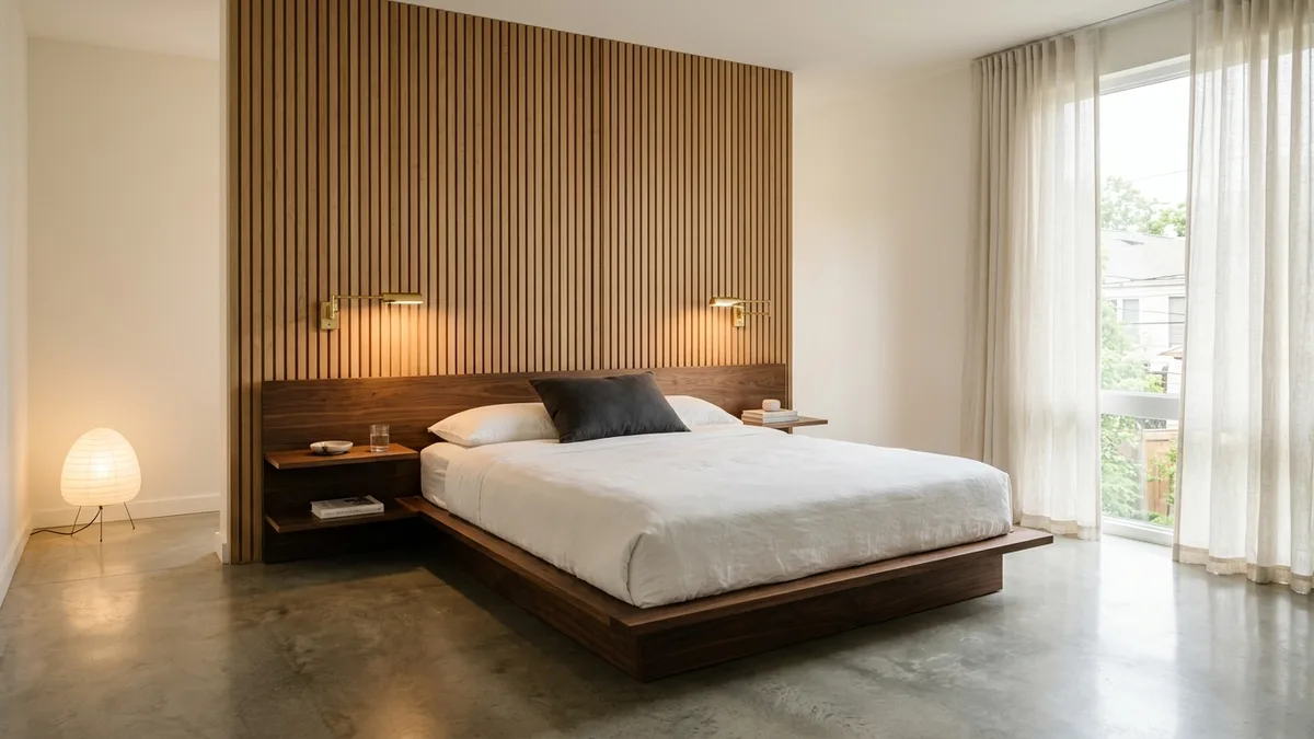 Modern master bedroom with dark walnut platform bed, integrated floating nightstands, vertical wood slat accent wall, brass wall sconces, and polished concrete floor
