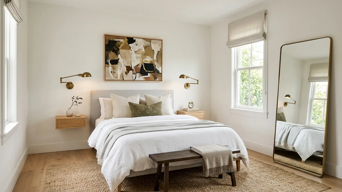 Small master bedroom with queen bed, floating oak nightstand shelves, wall-mounted brass sconces, floor-leaning mirror reflecting window light, jute rug, and warm white walls with abstract art above bed