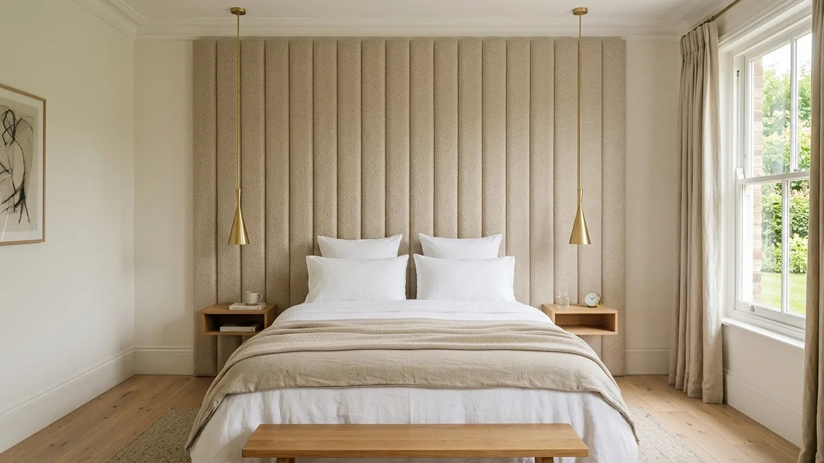 Master bedroom with dramatic floor-to-ceiling upholstered headboard panel in warm oatmeal boucle fabric with vertical channel tufting, brass pendant lights hanging on each side, floating oak nightstand shelves, and minimal white bedding