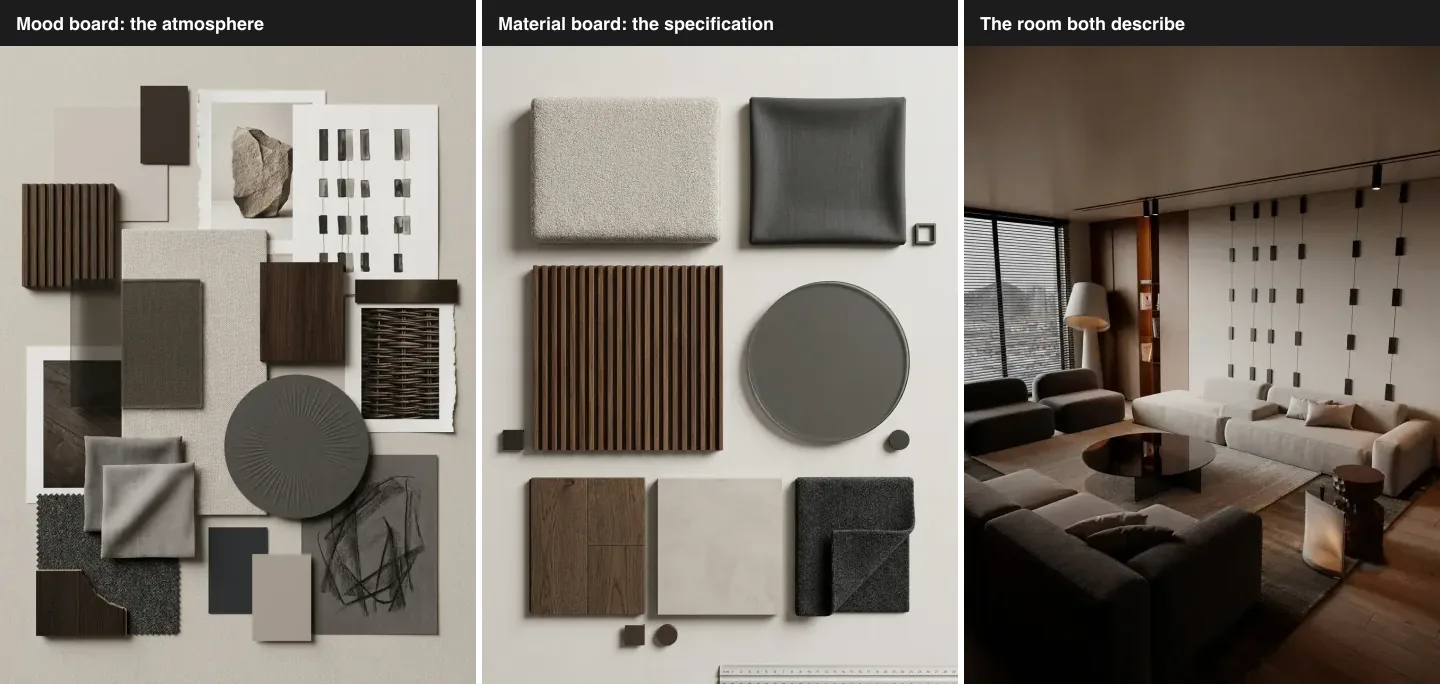 Three panel comparison for a dark luxury living room: an atmospheric mood board of charcoal wool, leather and fluted oak, a clean material board of wool, leather, fluted panel, smoked glass, espresso timber and bronze specimens, and the finished dark room with charcoal sofas
