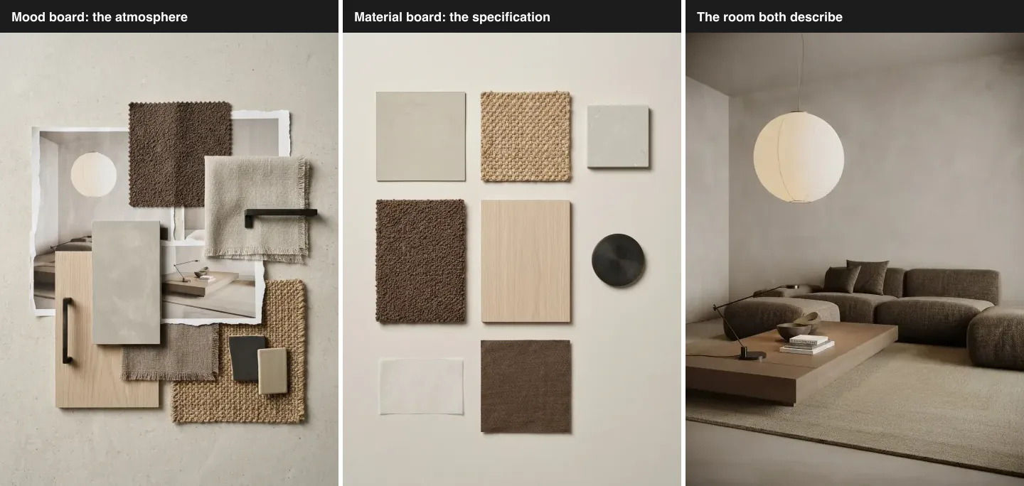 Three panel comparison for a Japandi living room: an atmospheric mood board with boucle, oak and jute samples over tear sheets, a clean aligned material board of limewash, oak veneer, boucle, jute and blackened steel specimens, and the finished room with a brown modular sofa and paper lantern