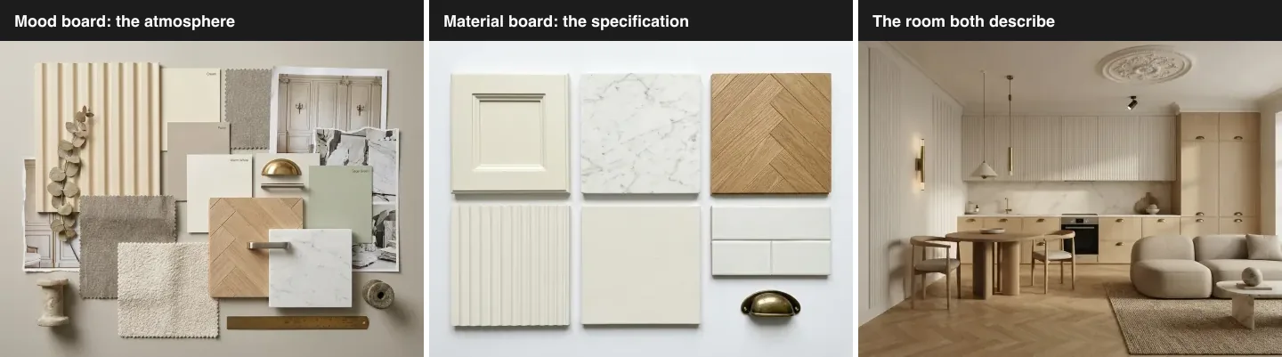 Three panel comparison for a neoclassical kitchen: an atmospheric mood board of cream cabinetry, marble and herringbone oak, a clean material board of cabinetry door, marble, herringbone parquet, fluted panel, tile and brass cup handle, and the finished cream kitchen with dining table